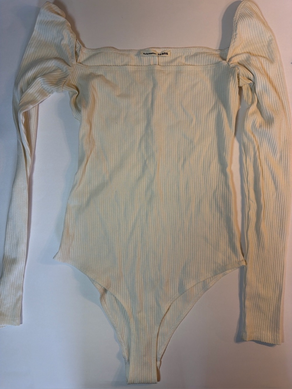 Reformation Jeans Ivory Ribbed Square Neck Long Sleeve Bodysuit Size Small
